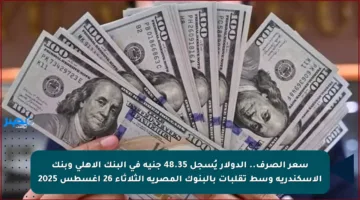 سعر الصرف.. الدولار يُسجل 48.35 جنيه في البنك الأهلي وبنك الإسكندرية وسط تقلبات بالبنوك المصرية الثلاثاء 26 أغسطس 2025